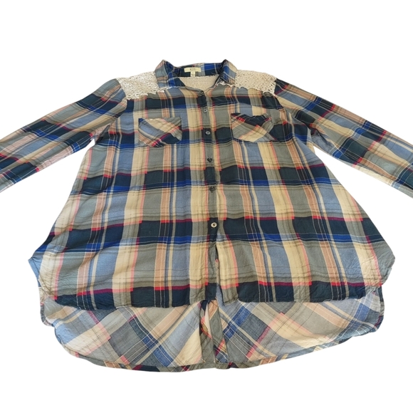 Kori America Women's Multicolor Plaid Lace Shoulder Button Down Shirt Size Large - Picture 8 of 16